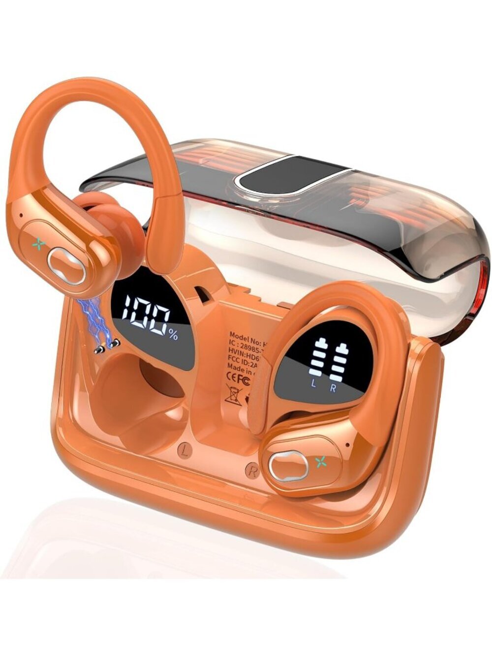 Wireless Orange Earbuds 75hrs Bluetooth 5.4 Stereo Deep Bass Earhooks ENC Noise